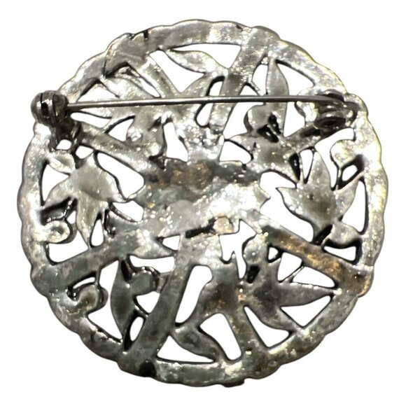 Vintage Victorian Art Deco Silver Black Brooch Round Floral Design Broach Pin - Picture 2 of 7